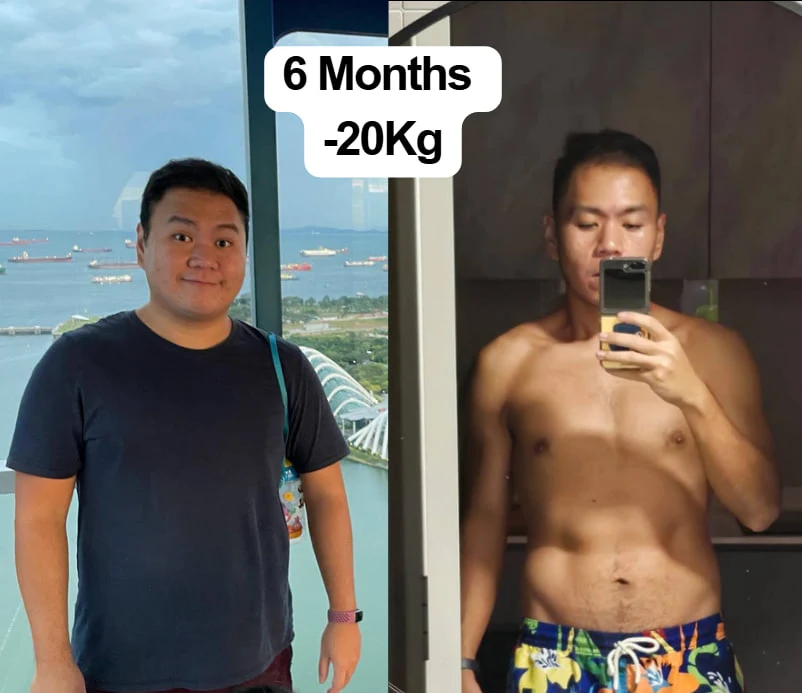 Zixin’s supplied before-and-after photos, labelled 6 months and 20 kg